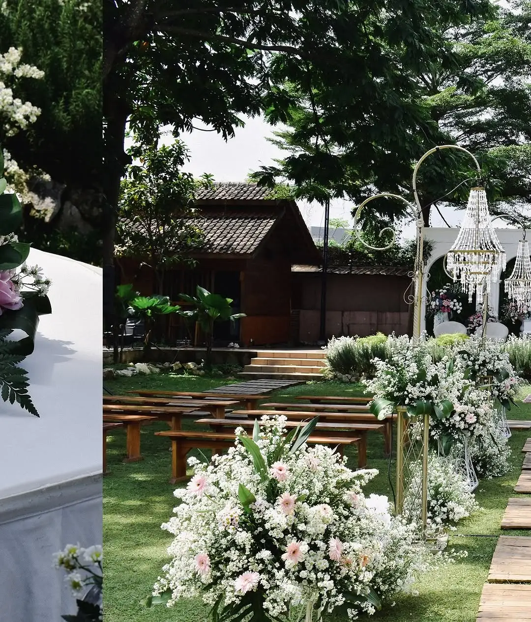 Floral wedding decor set among the garden trees