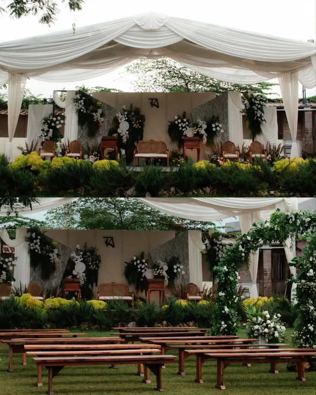A garden altar with wooden chairs and long benches set out for guests